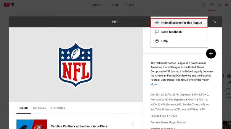 Hiding scores for NFL games on YouTube TV.