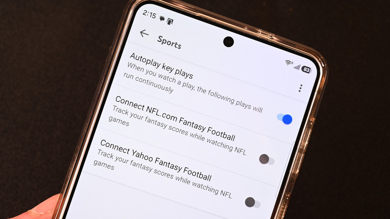 The YouTube TV Sports option menu displayed on a phone.