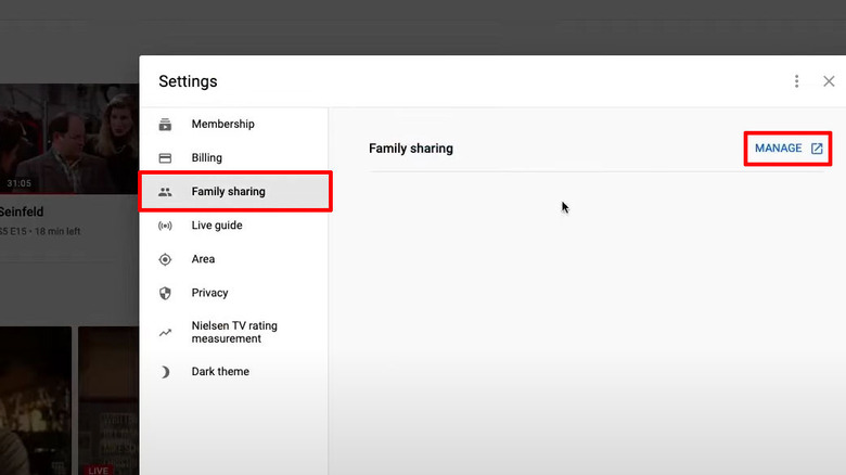 Family sharing menu in YouTube TV