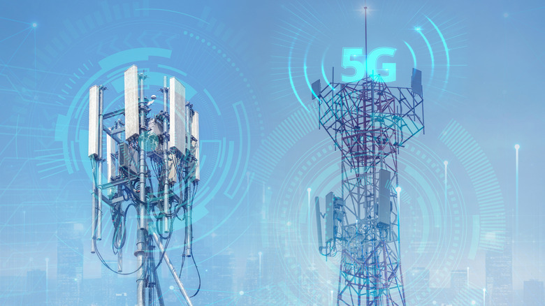 Two cell towers with graphics showing 5G