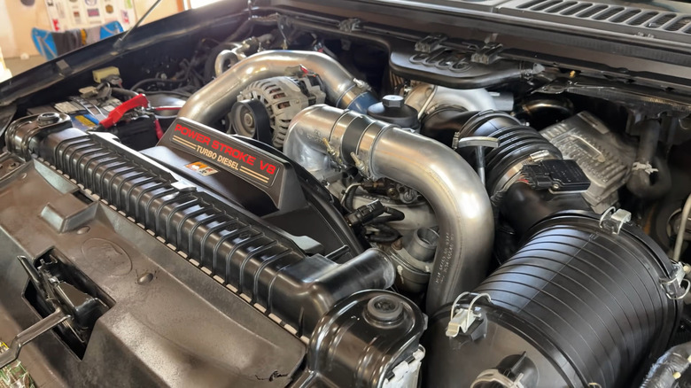 A look at a modified 6.0 Power Stroke under the hood of an unidentified Ford truck