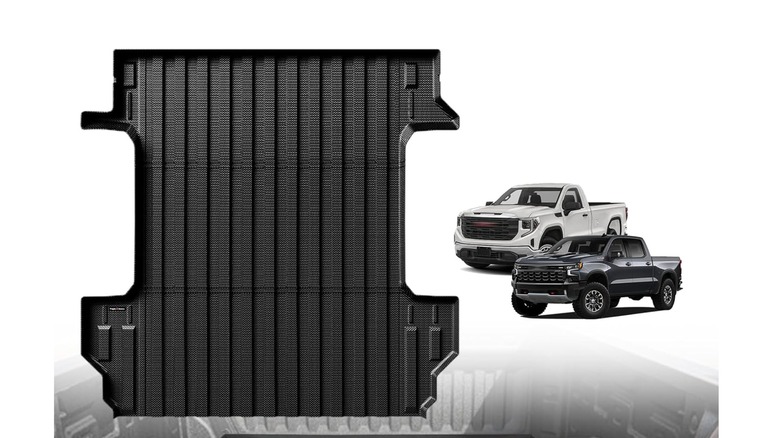 TripleAliners Truck Bed Mat on a white background, next to two models of pickup trucks it's designed for