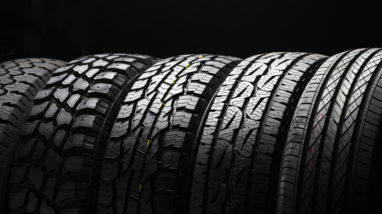 a row of all terrain tyres