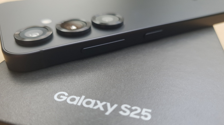Samsung S25 phone on top of its box
