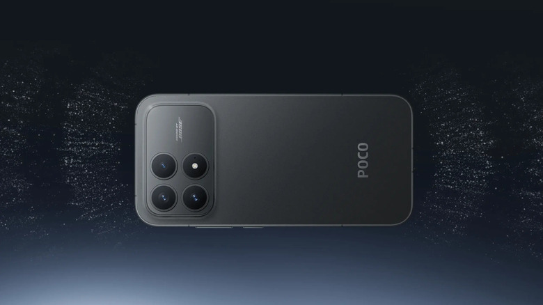 Black Poco F8 Pro back showing camera setup and logo