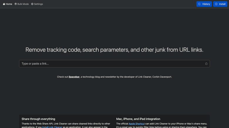 LinkCleanerApp main homepage with URL cleaning field