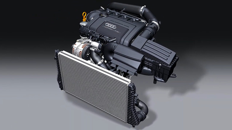 A 3-D rendering of the 1.8 liter TFSI engine from Audi against a gray background with simulated lighting.