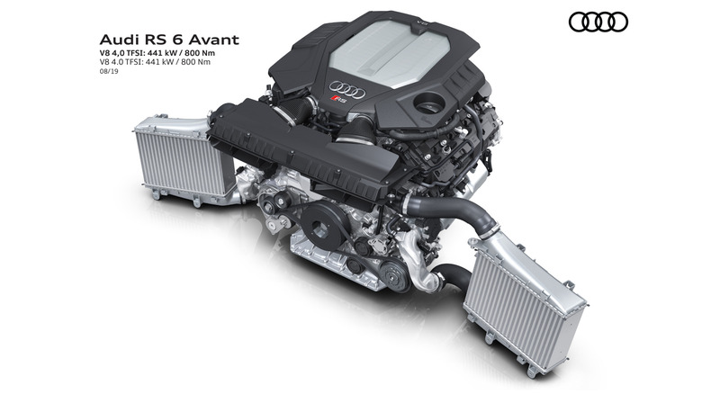 The second-generation 4.0-liter V8 that is used in the Audi RS6 and RS7 photographed here against a white background.