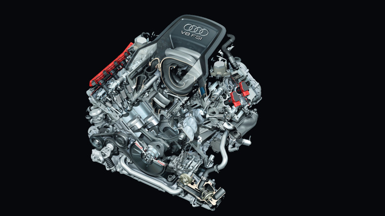 Audis performance-series 4.2 FSI naturally aspirated V8 engine from the B-series photographed on a black background.