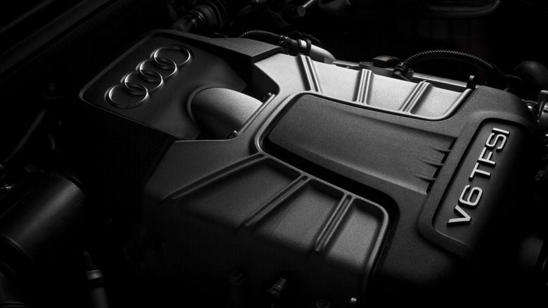 An unidentified Audi model on a V6 engine cover with the "TFSI" lettering on the cover.