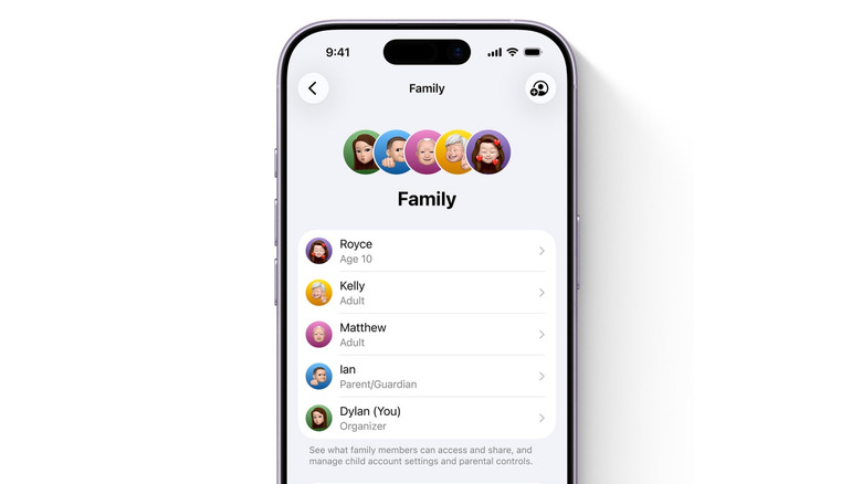 The family sharing settings page on an iPhone