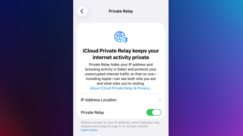 The iCloud Private Relay feature enabled in iPhone settings