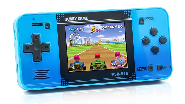 A blue WELLST·G Handheld Game console for kids on display