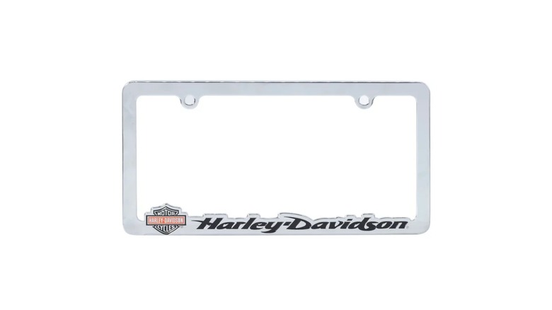 A silver Harley-Davidson license plate frame
