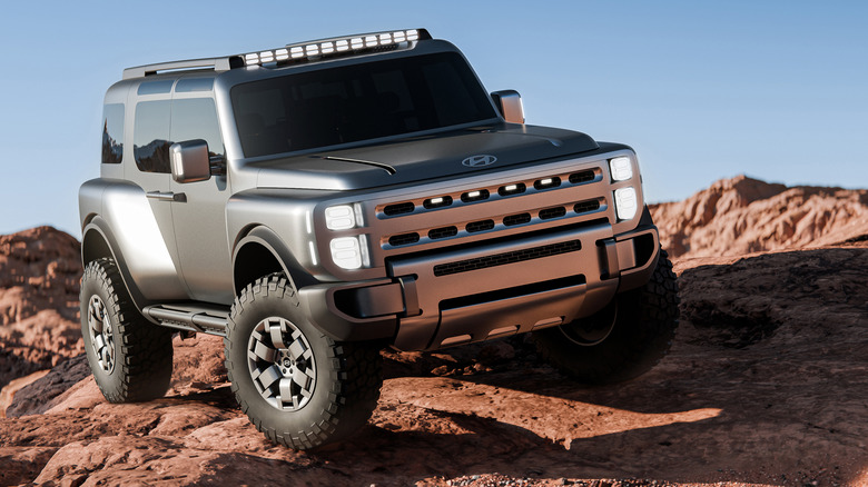 Front 3/4 view of Hyundai Boulder SUV concept in desert.