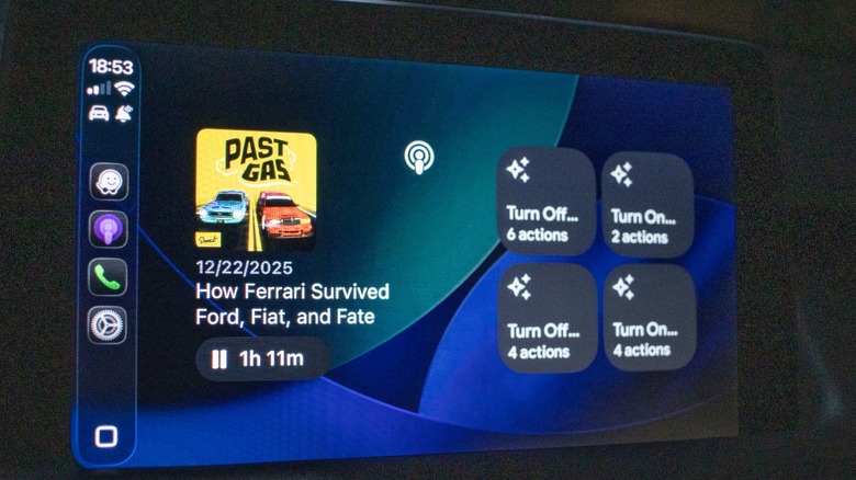 Apple Podcasts showing an episode of Past Gas playing on CarPlay widgets