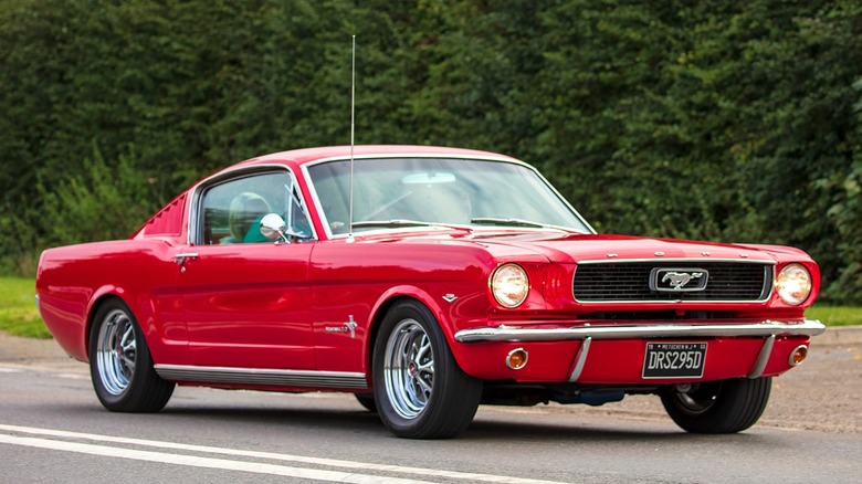 A red 1965 Ford Mustang fastback in front of large hedge