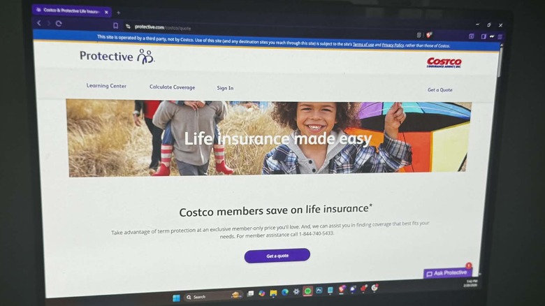 Costco's partner Protective Life Insurance page is on the screen of a laptop