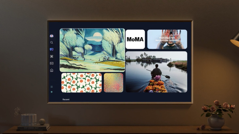 Samsung Frame TV in modern living room setting with lights dimmed