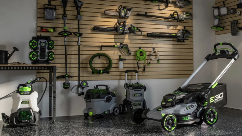 Ego power tools stored inside a garage