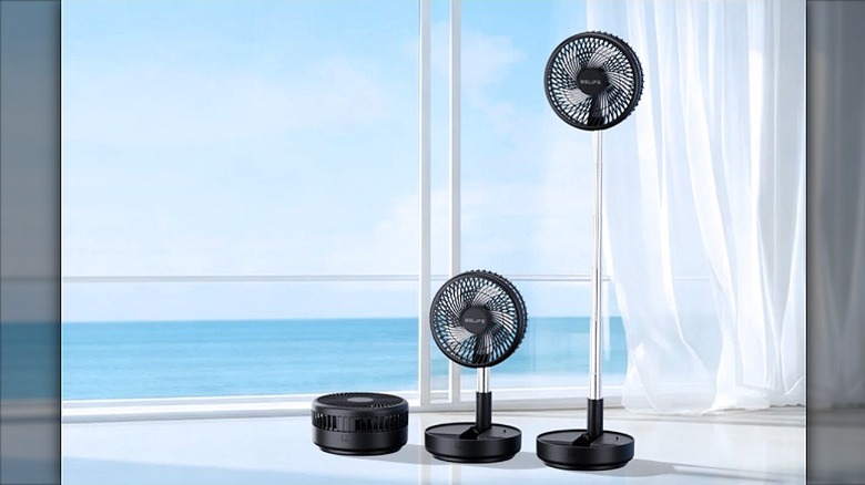 Two black portable fans extended into two different heights, along with a folded fan placed beside them.