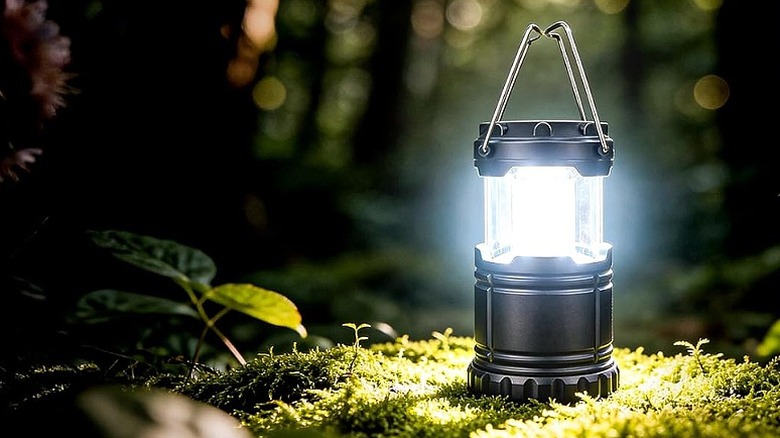 Foldable black lantern offering 360-degree illumination.