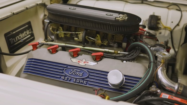 Ford 427 "Cammer" engine in a white Ford Thunderbird engine bay