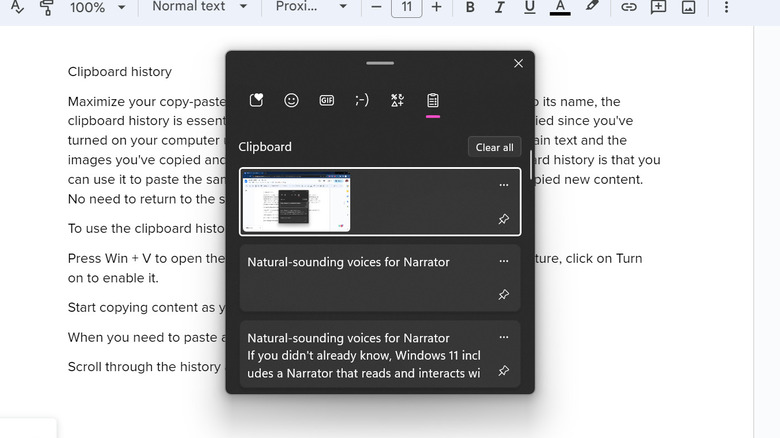 Windows 11 clipboard history opened