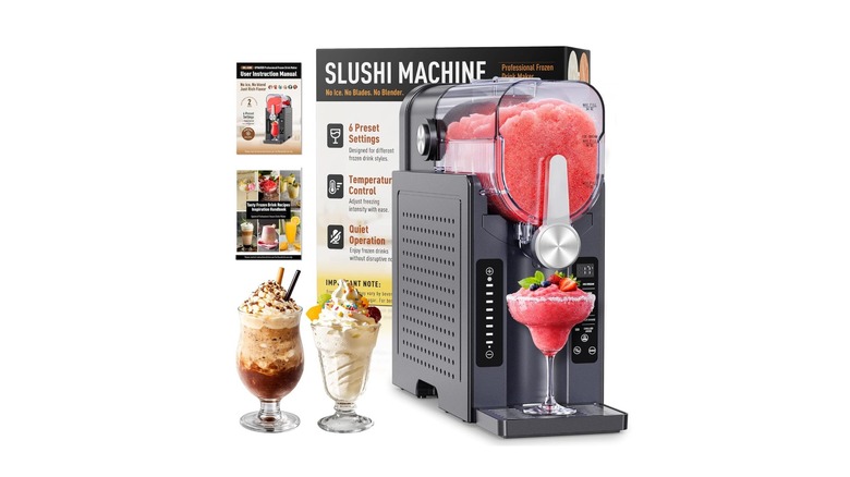Black slushie machine alongside a collection of frozen drinks