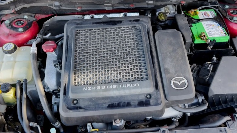 Top-down view of 2.3-liter Mazda MZR DISI turbo engine in a Mazdaspeed3 engine bay