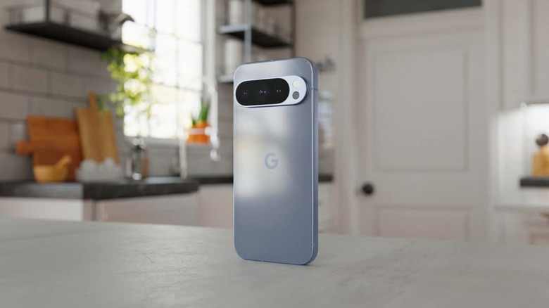 A Google Pixel 10 smartphone on a kitchen countertop