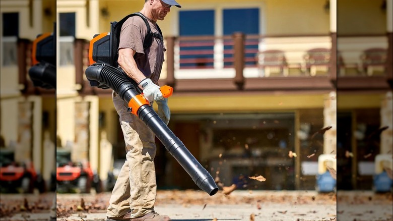 Atlas 80V Dual-Port Backpack Blower in use