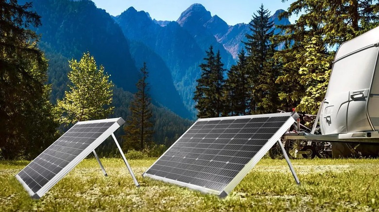 Two Thunderbolt Solar 100W Solar Panels set up on grass