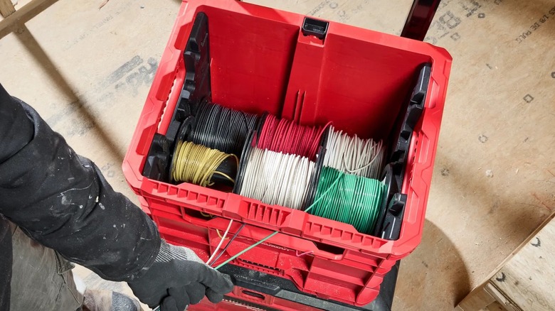 A Milwaukee crate with wire spools inside it.