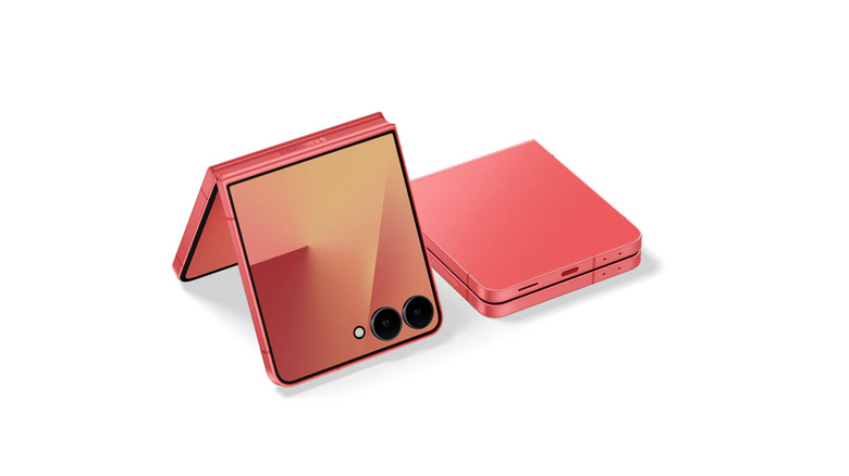 Two pink Samsung Galaxy Z Flip7 phones, one folded and the other half-folded