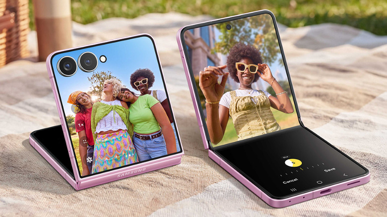 Two Samsung Galaxy Z Flip8 smartphones, half-folded and placed on a picnic blanket