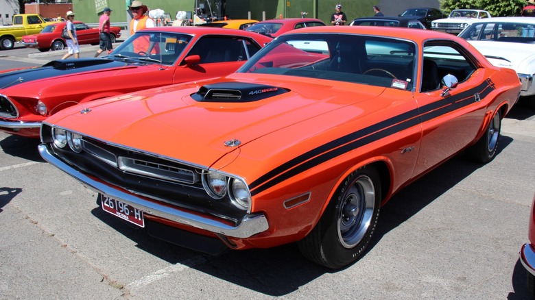 A 1971 Dodge Challenger R/T with a Shaker hood scoop.