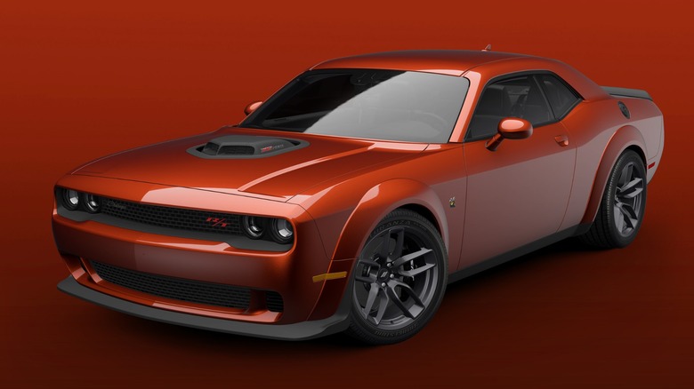 A 2021 Challenger R/T Scat Pack Widebody with the iconic Shaker hood.