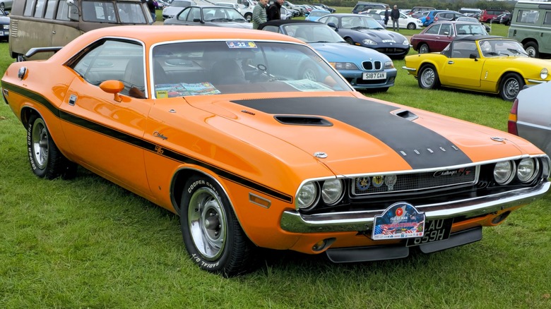 A 1970 Dodge Challenger R/T on display at an event in Launton, England.
