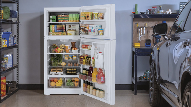 GE GTS22KGNRWW refrigerator in a garage