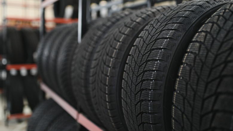 tires on storage rack in a store