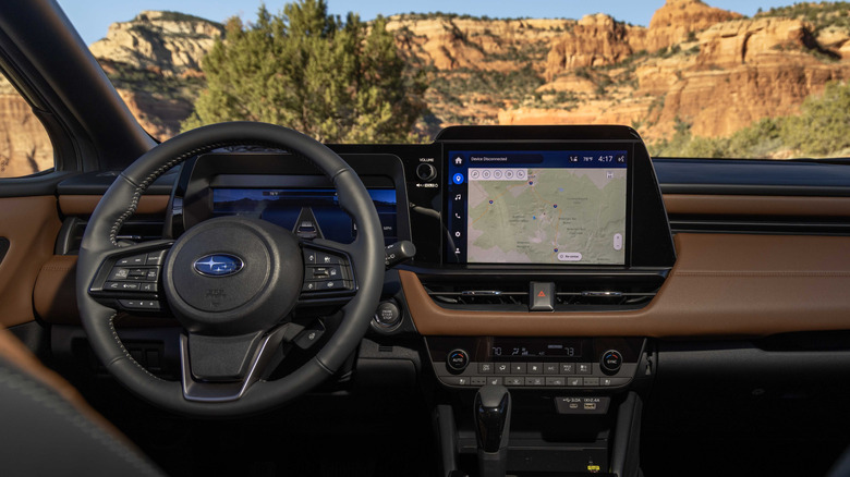 View of Subaru Outback dashboard and touchscreen showing onboard technology features