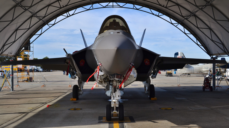 F-35 lightning parked in hangar