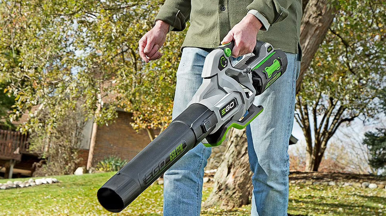 Ego cordless leaf blower being used to clean up a yard
