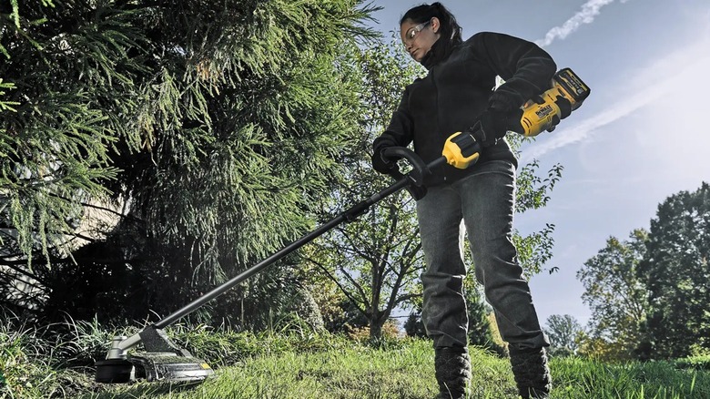 Person using DeWalt string trimmer