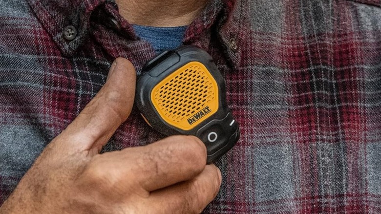 DeWalt hands-free speaker on shirt