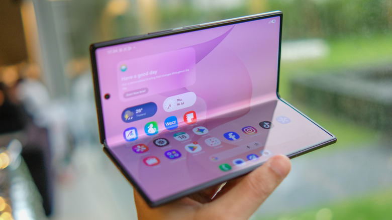 A Galaxy Z Fold 8 Ultra in semi-folded position