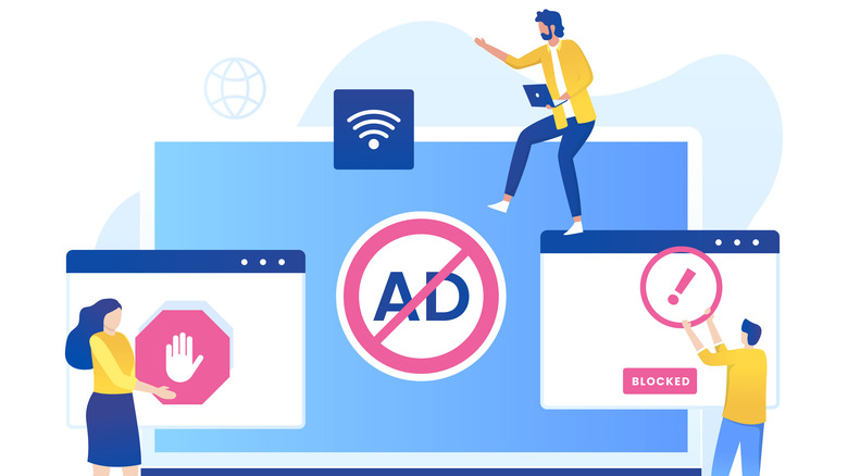 Vector image of animated people and blocked ads