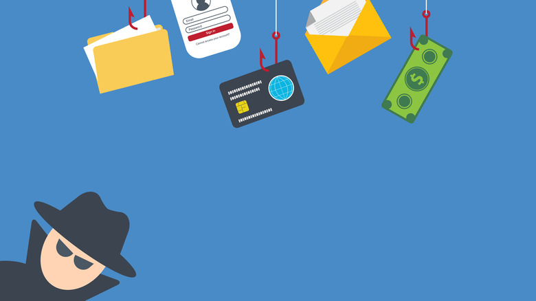 Clip art of Hacker underneath devices attached to fishing lines