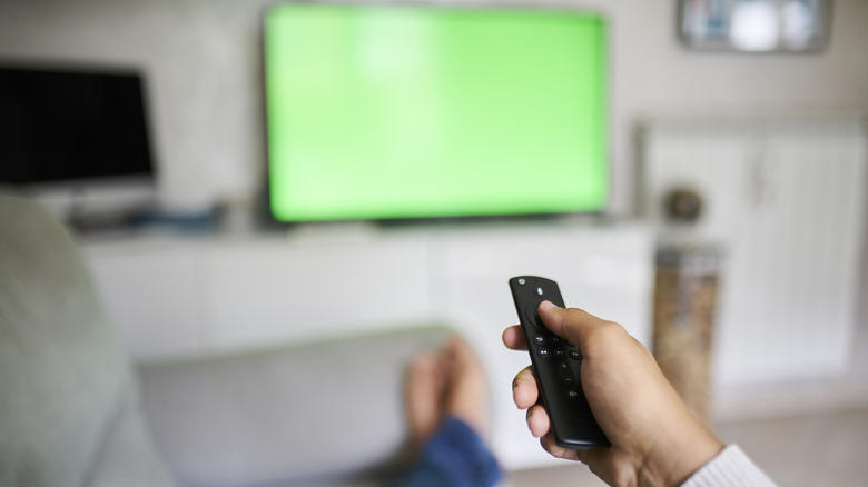A picture taken from the point of view of a person holding a Fire TV Stick remote